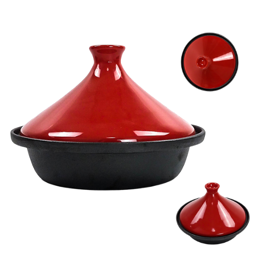 Красная эмалированная чугунная кастрюля для приготовления таджина с крышкой