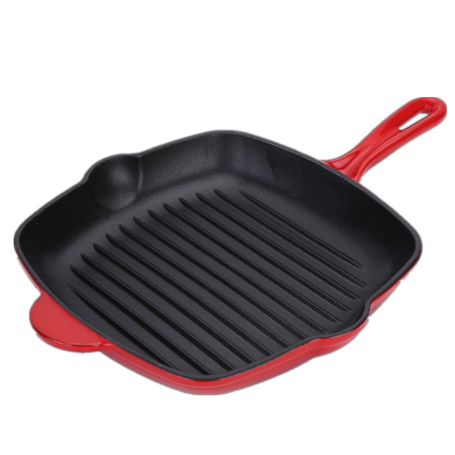 Чугунная сковорода-гриль с антипригарным покрытием из красной эмали