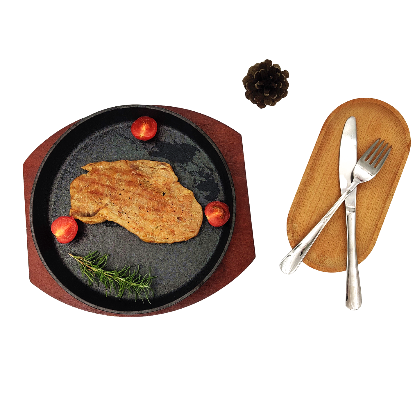 Чугунная сковорода для стейков с антипригарным покрытием и деревянным основанием