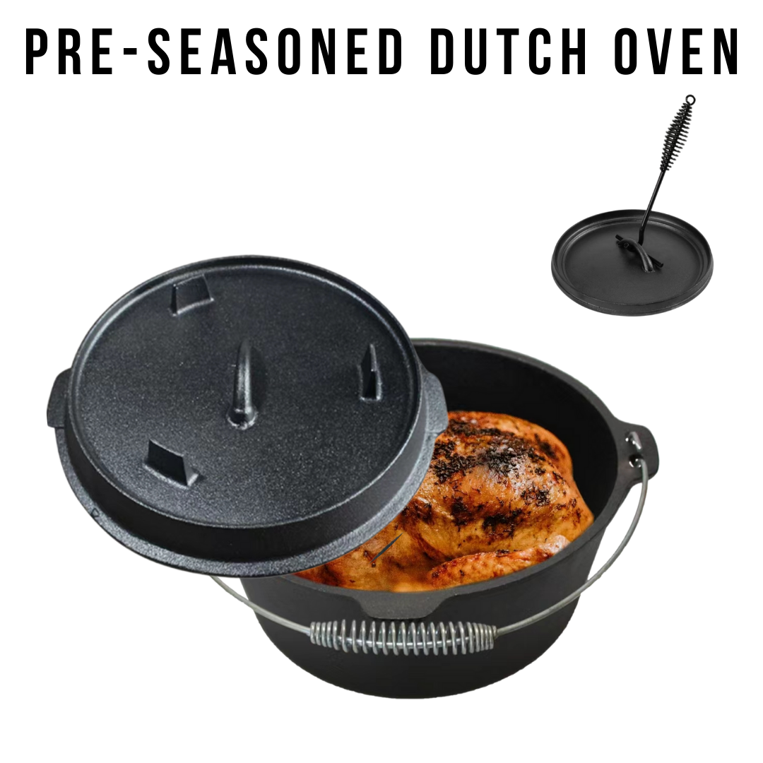 Предварительно выдержанная круглая 8-литровая чугунная голландская печь для костра, черная чугунная печь